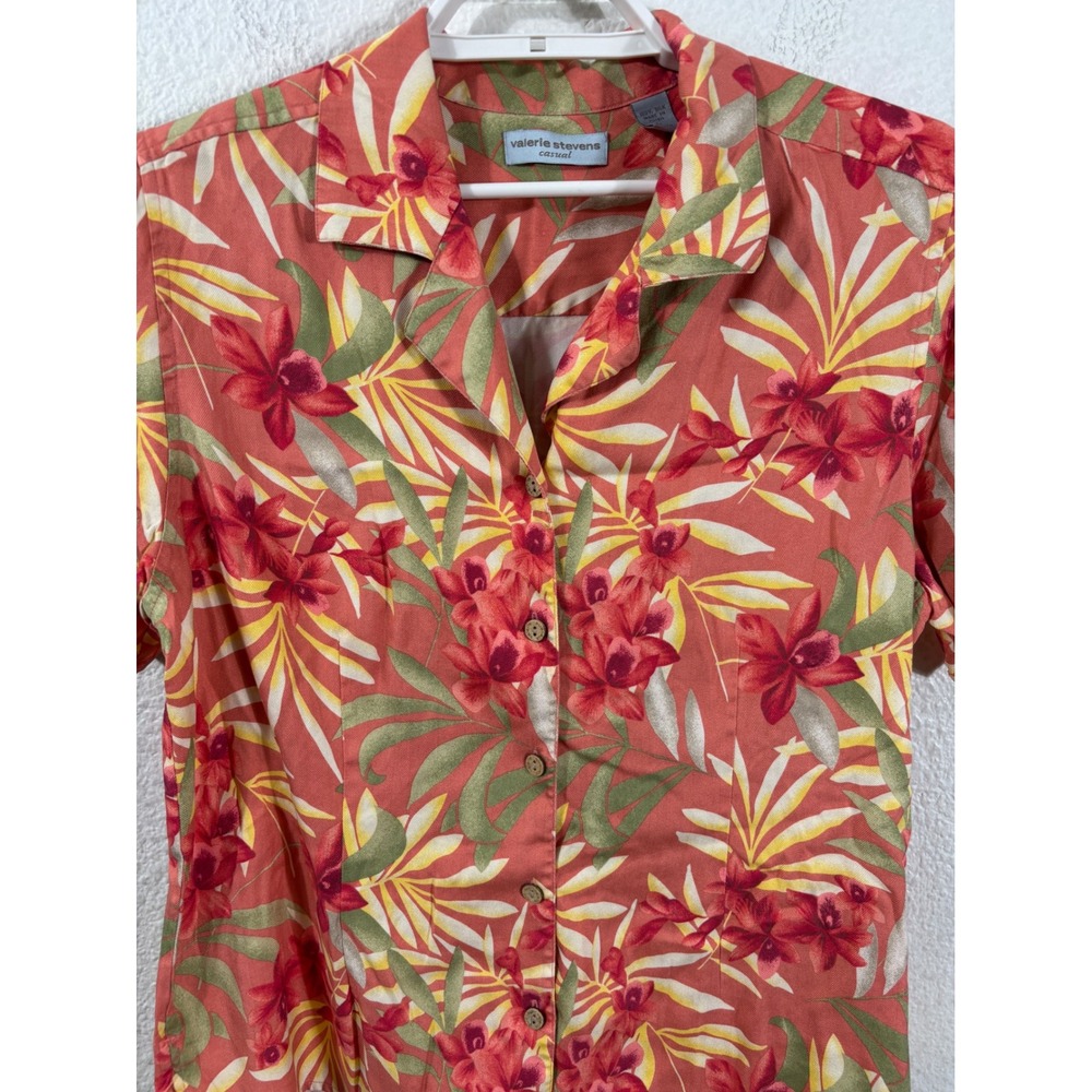Valerie Stevens Button Up Shirt Womens Large Hawaiian Silk Floral Camp